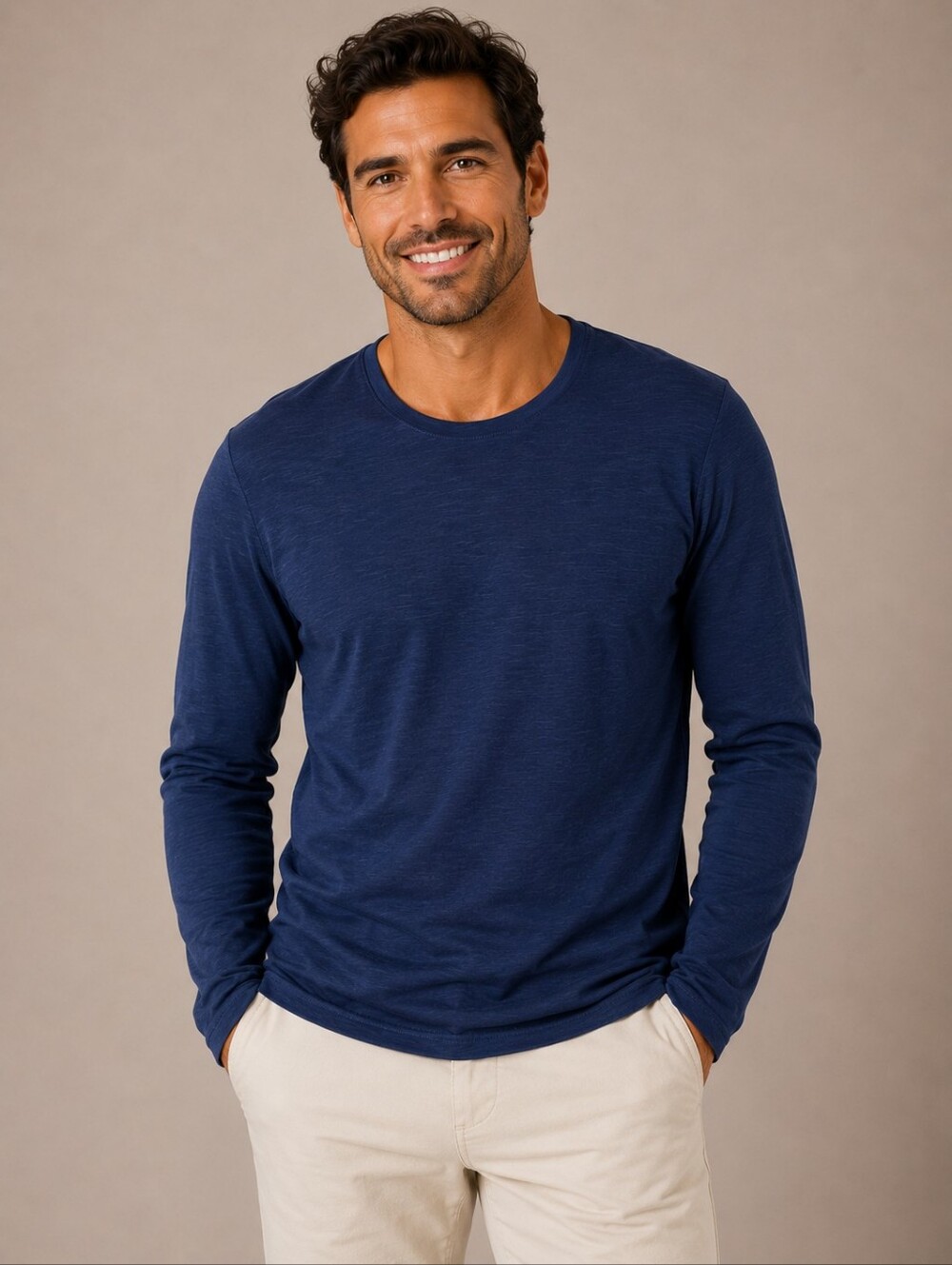 Body & Sol Mens XL Long Sleeve Crew Neck T-Shirt Navy Blue Slub Knit NEW